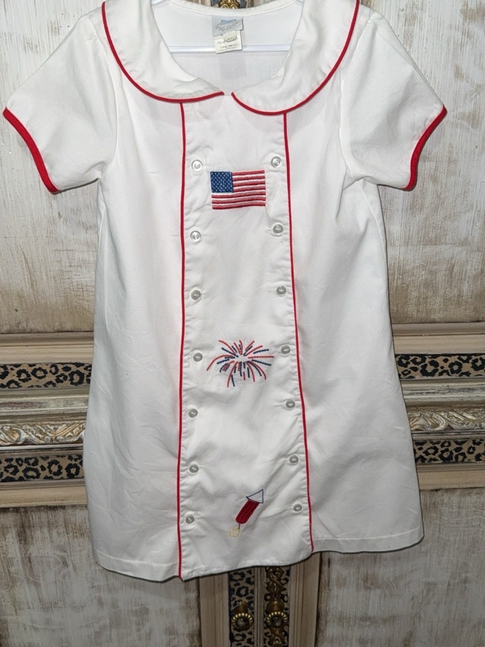 White & Red Girls' Patriotic Embroidered Casual Dress sz. 6. (Makes 2 dresses)
